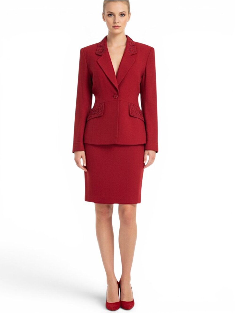 Zelda Vintage Deep Red Embroidered Raised Flower Bead Skirt Jacket Suit New 6